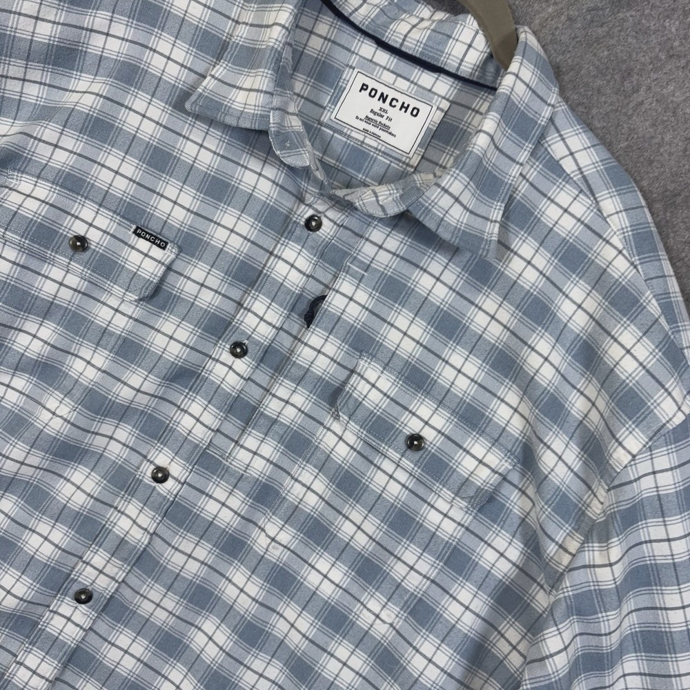Poncho Blue Bison Flannel Shirt Mens XXL Blue Plaid Reg Fit Magnetic Pockets